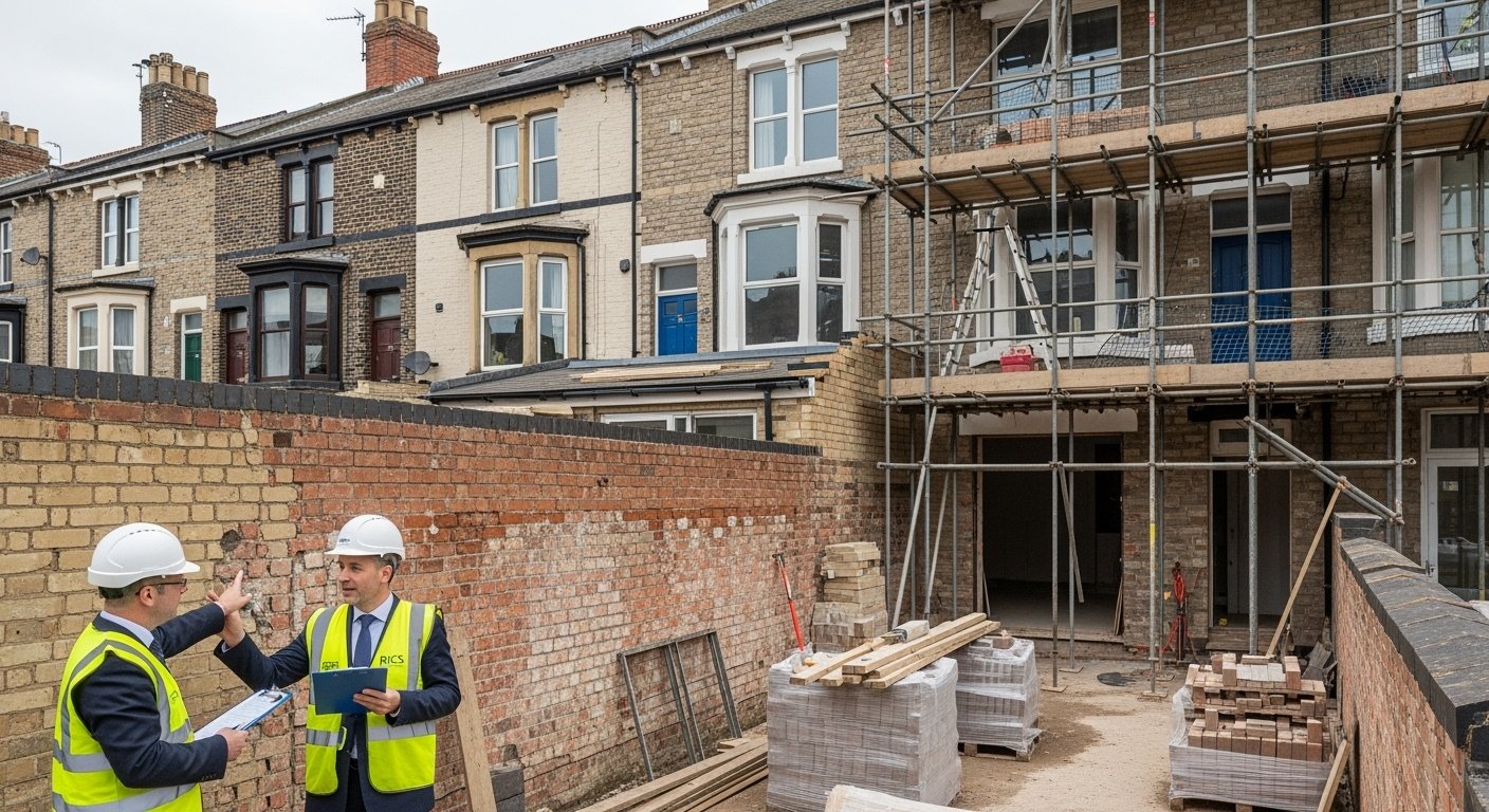 Professional party wall surveyor inspecting construction work between Chester Victorian houses