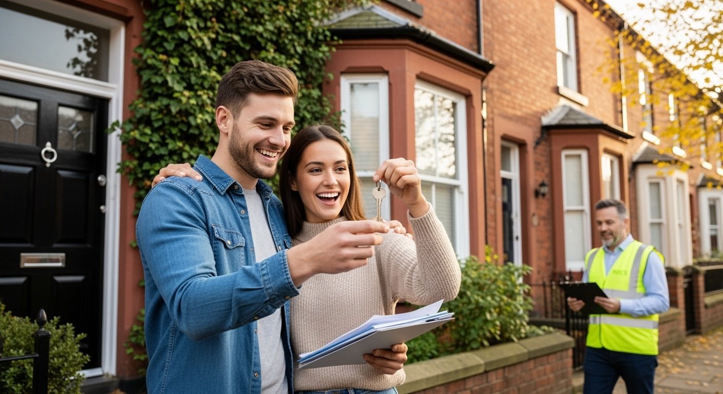 First-time buyers meeting with RICS surveyor outside Chester property