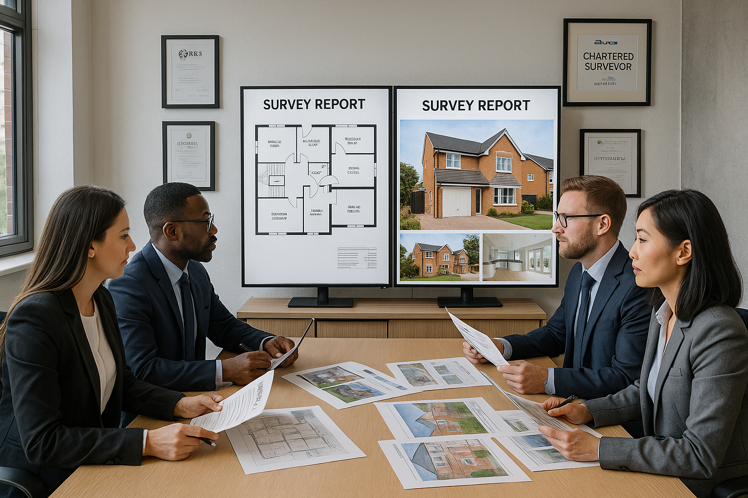 Chester Surveyors team meeting discussing property survey reports